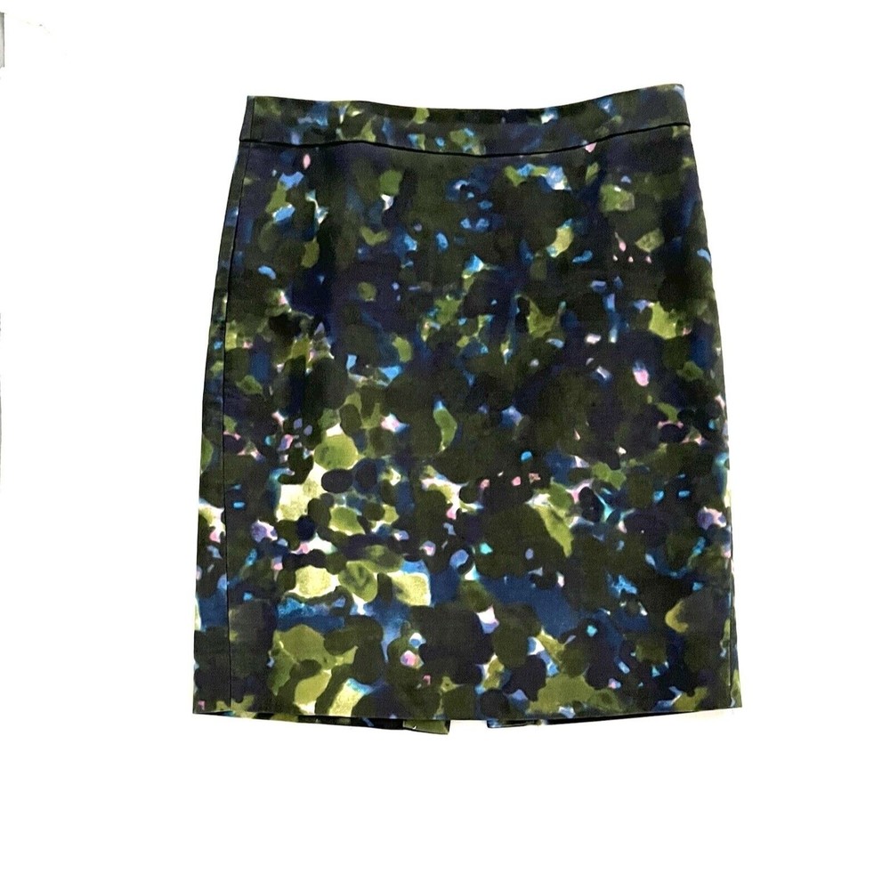 J Crew No.2 Pencil Straight Skirt 6 Green Watercolor Cotton Stretch Zip Back